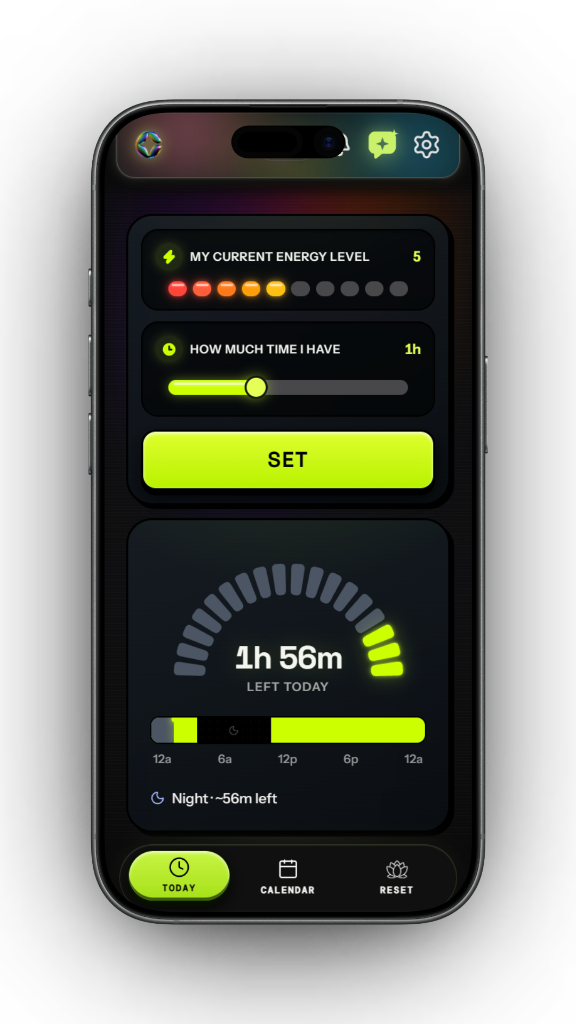 Clariflow Today showing energy, available time, and time left