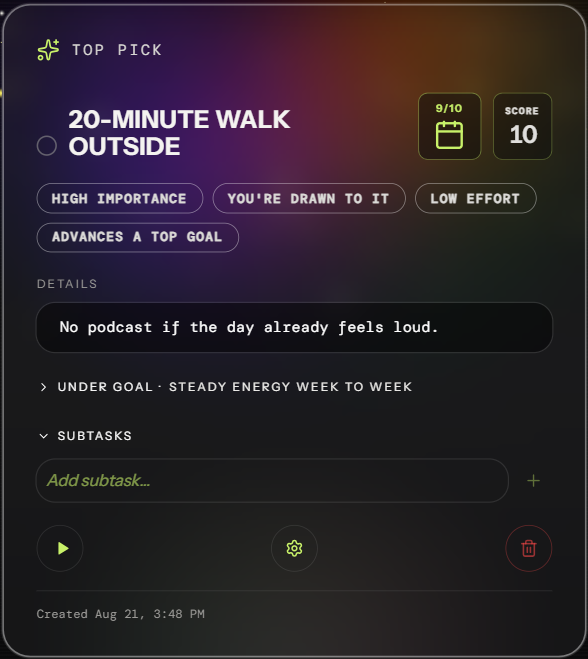 Today Top pick card showing a scored walk task with reasons and actions